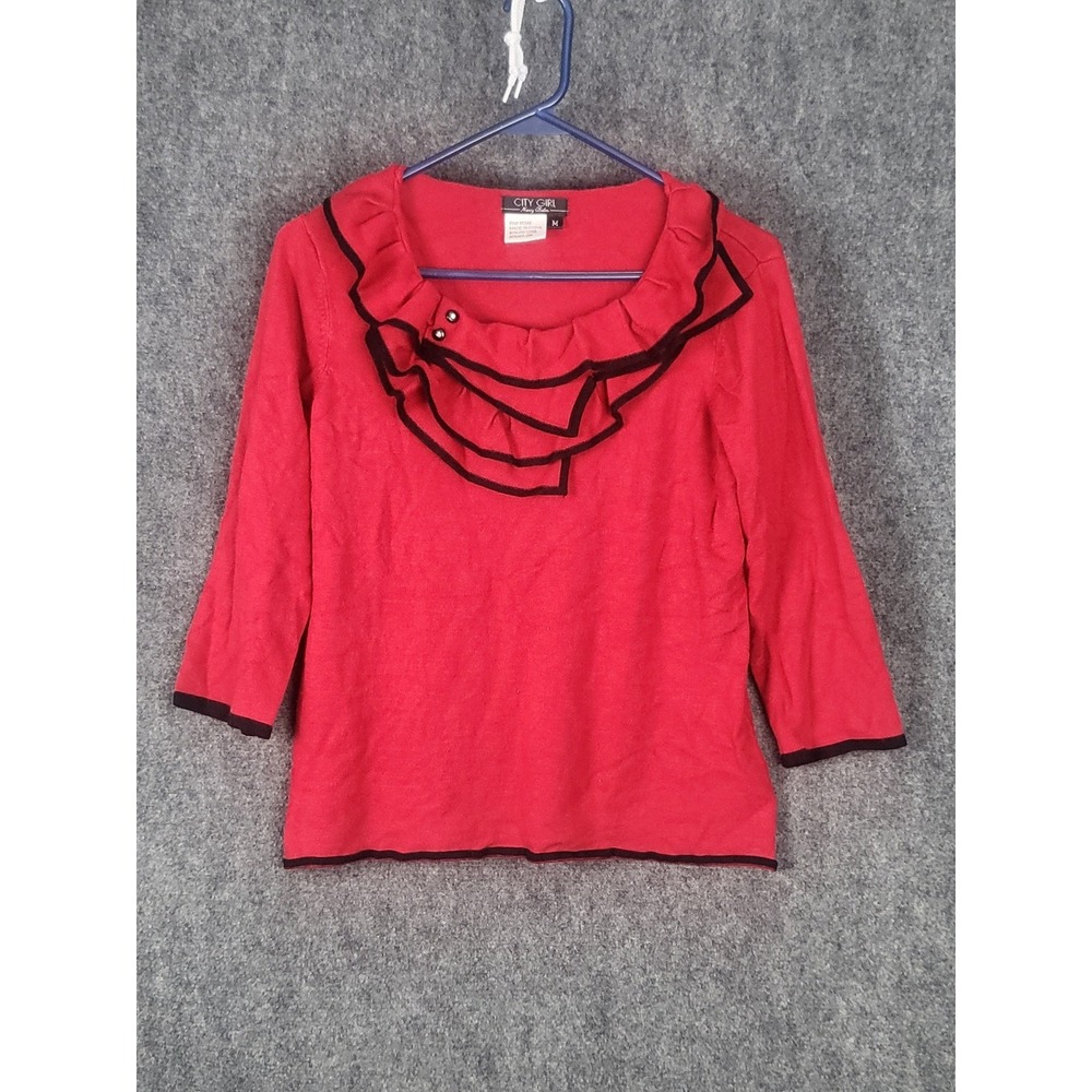 Red Ruffle Collar Sweater Top Womens Medium Christmas Holiday Party Retro Church
